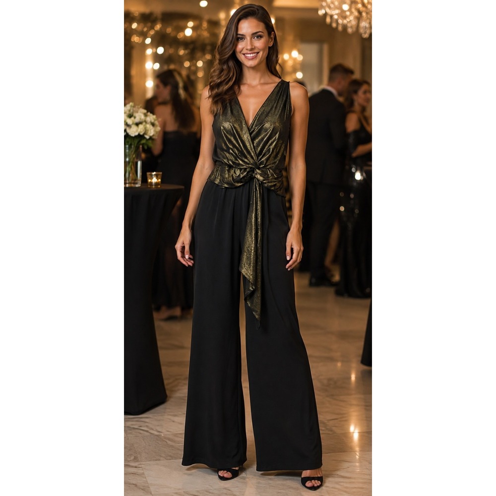 Taylor Black Label Women's S Black Gold Metallic Wide Leg Evening Jumpsuit -3477